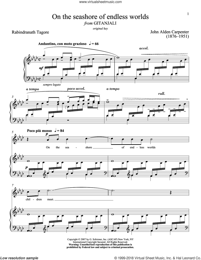 On The Seashore Of Endless Worlds sheet music for voice and piano (High Voice) by Rabindranath Tagore, Richard Walters and John Alden Carpenter, classical score, intermediate skill level
