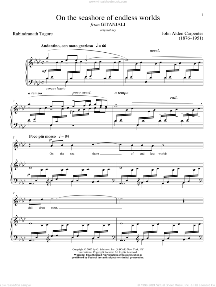 On The Seashore Of Endless Worlds sheet music for voice and piano (High Voice) by Rabindranath Tagore, Richard Walters and John Alden Carpenter, classical score, intermediate skill level