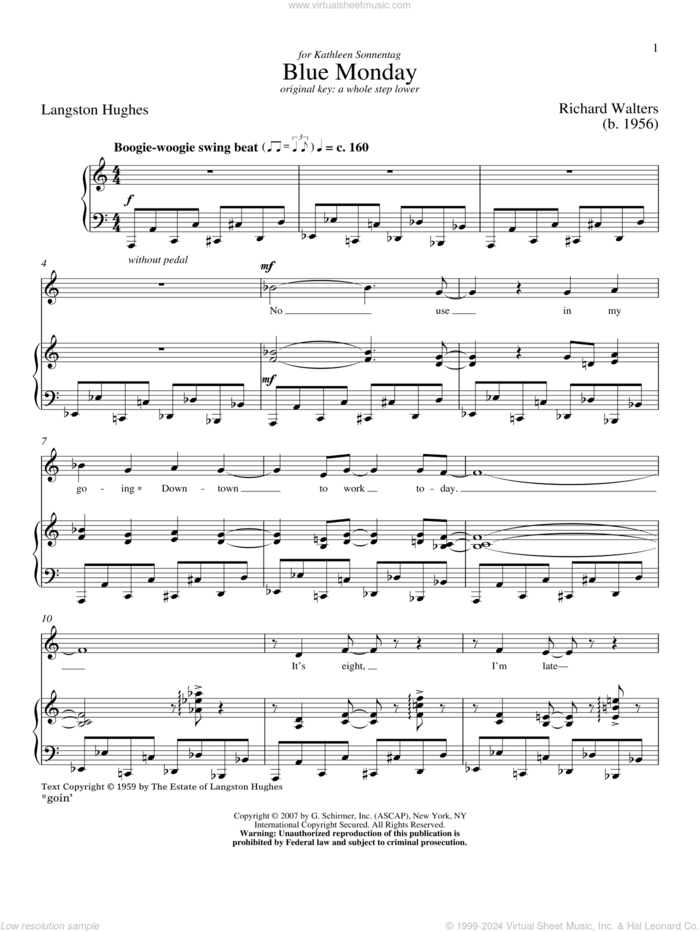 Blue Monday sheet music for voice and piano (High Voice) by Langston Hughes and Richard Walters, classical score, intermediate skill level