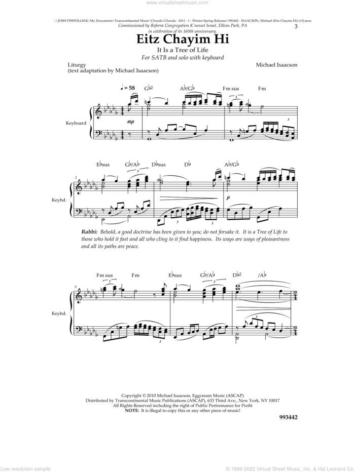Eitz Chayim Hi sheet music for choir (SATB: soprano, alto, tenor, bass) by Michael Isaacson, intermediate skill level