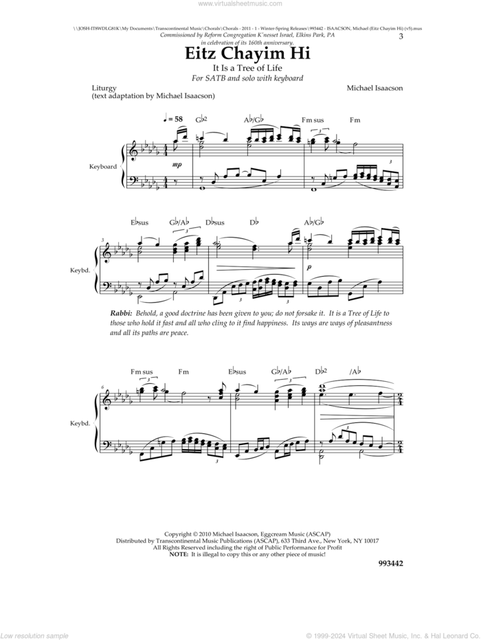 Eitz Chayim Hi sheet music for choir (SATB: soprano, alto, tenor, bass) by Michael Isaacson, intermediate skill level