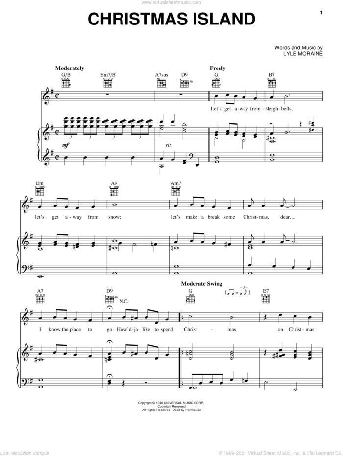 Christmas Island sheet music for voice, piano or guitar by Lyle Moraine, intermediate skill level