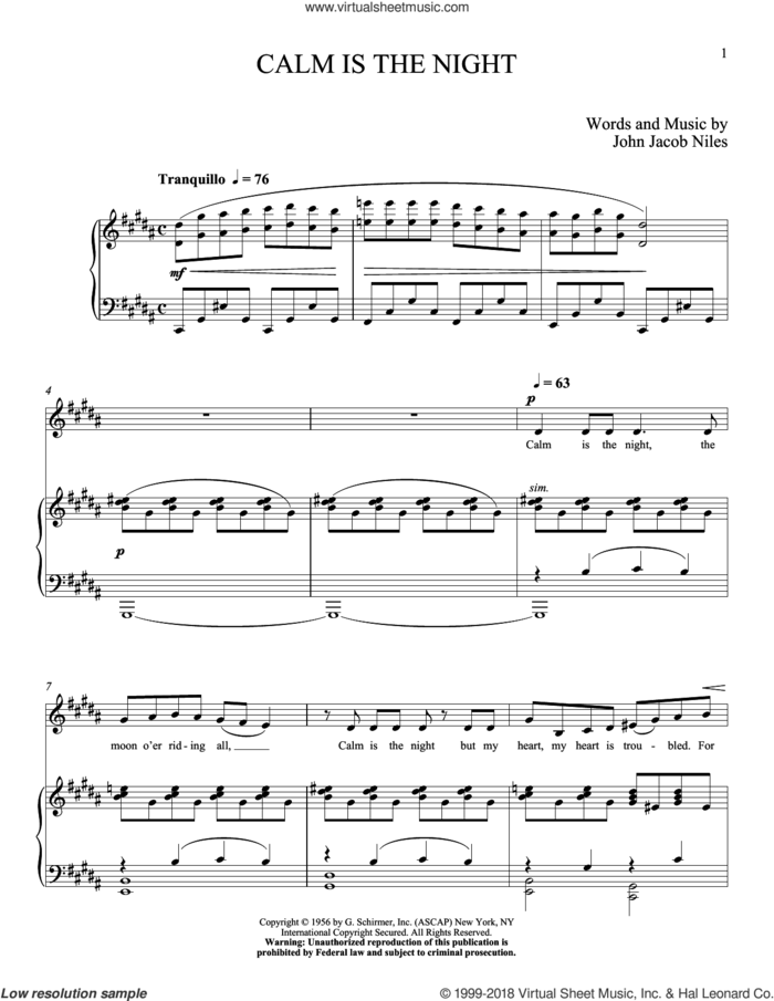 Calm Is The Night sheet music for voice and piano (High Voice) by John Jacob Niles and Richard Walters, classical score, intermediate skill level