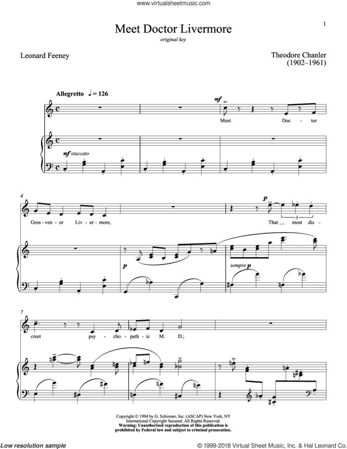 Meet Doctor Livermore sheet music for voice and piano (High Voice) by Richard Walters, Leonard Feeney and Theodore Chanler, classical score, intermediate skill level