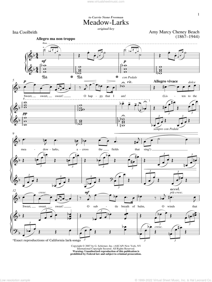 Meadow-Larks sheet music for voice and piano (High Voice) by Amy Marcy Cheney Beach, Richard Walters and Ina Coolbrith, classical score, intermediate skill level