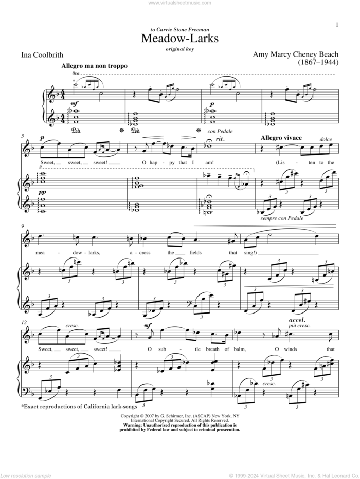 Meadow-Larks sheet music for voice and piano (High Voice) by Amy Marcy Cheney Beach, Richard Walters and Ina Coolbrith, classical score, intermediate skill level