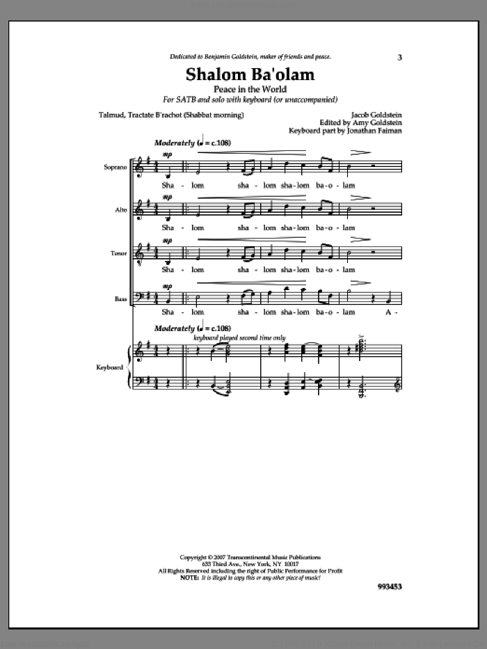 Shalom Ba'olam sheet music for choir (SATB: soprano, alto, tenor, bass) by Jacob Goldstein, Amy Goldstein and Jonathan Faiman, intermediate skill level