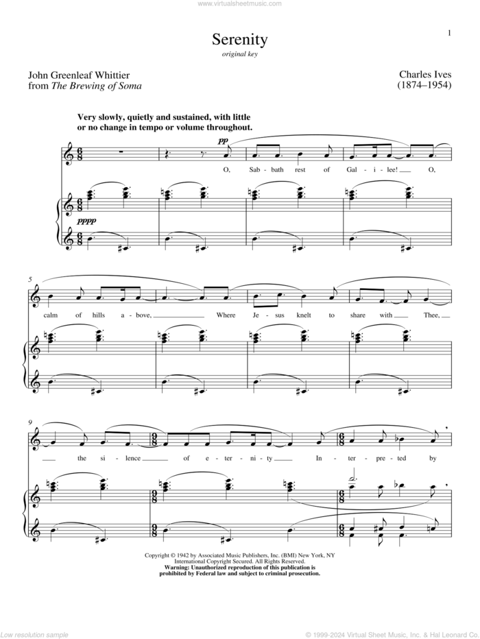 Serenity sheet music for voice and piano (High Voice) by Richard Walters, Charles Ives and John Greenleaf Whittier, classical score, intermediate skill level