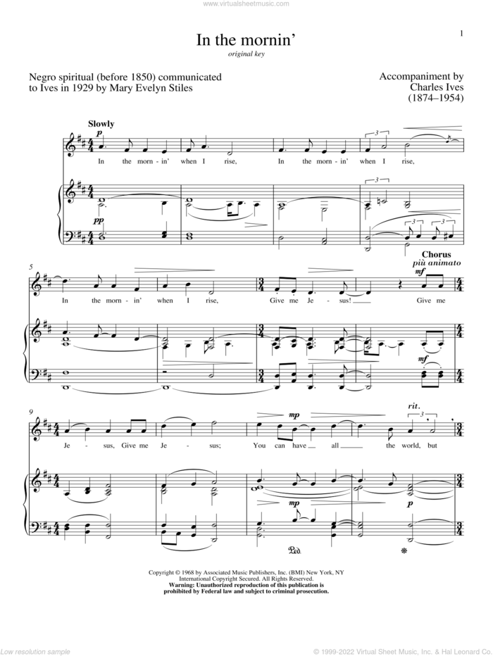 In The Mornin' sheet music for voice and piano (High Voice) by Charles Ives and Richard Walters, classical score, intermediate skill level