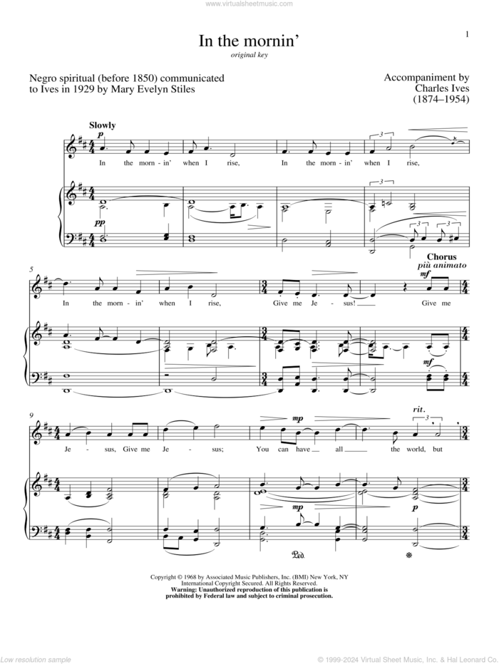 In The Mornin' sheet music for voice and piano (High Voice) by Charles Ives and Richard Walters, classical score, intermediate skill level