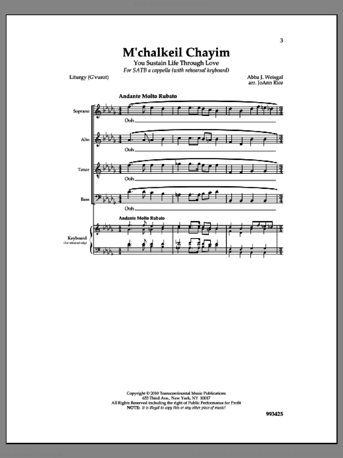 M'chalkeil Chayim sheet music for choir (SATB: soprano, alto, tenor, bass) by Abba J. Weisgall and Jo Ann Rice, intermediate skill level