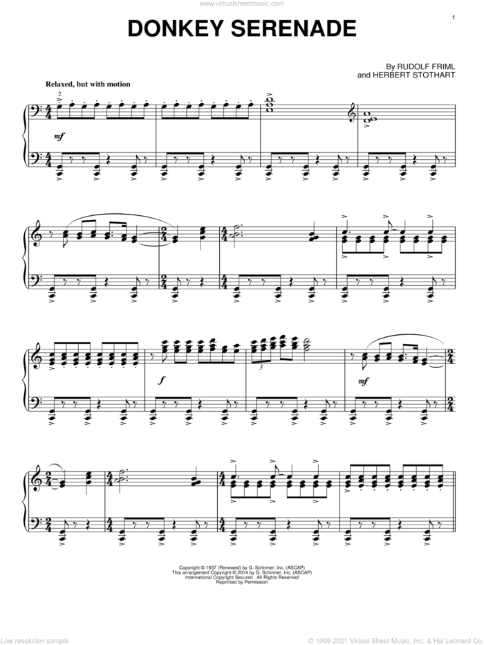 Donkey Serenade sheet music for piano solo by Herbert Stothart and Rudolf Friml, classical score, intermediate skill level