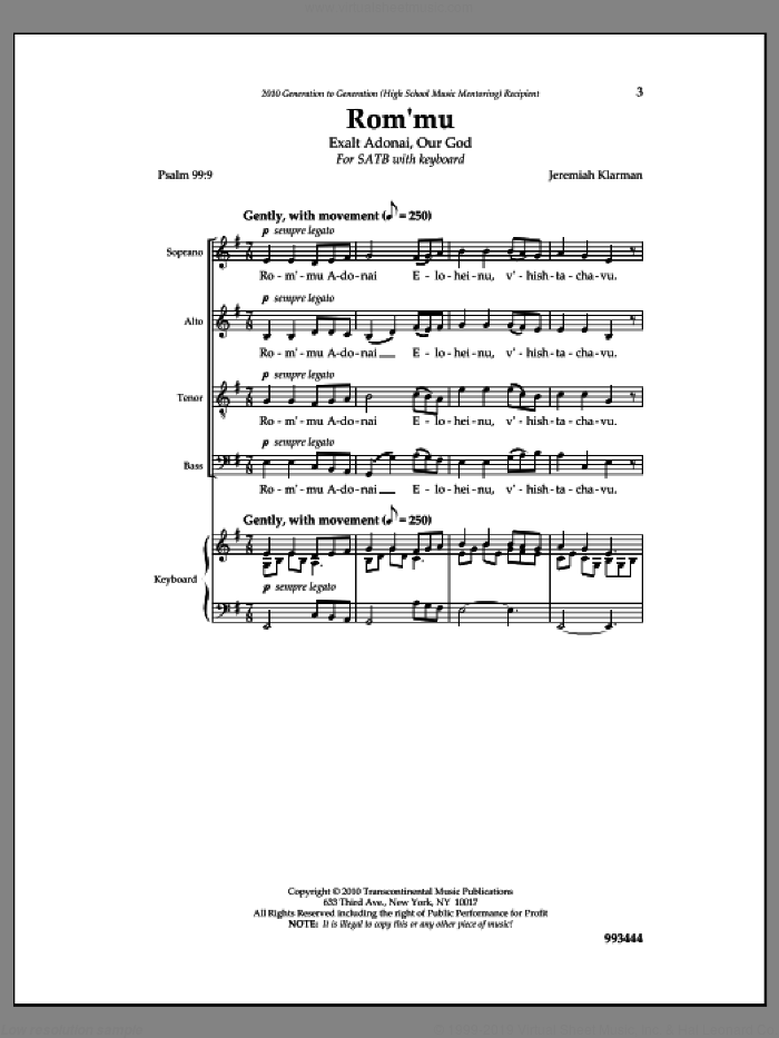 Rom'mu sheet music for choir (SATB: soprano, alto, tenor, bass) by Jeremiah Klarman, intermediate skill level