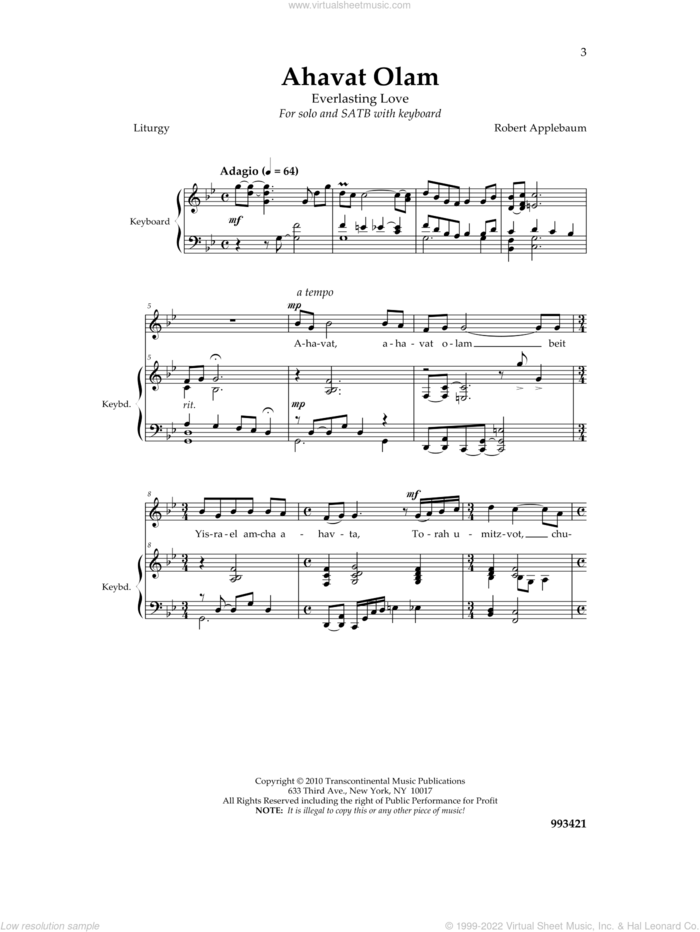 Ahavat Olam sheet music for choir (SATB: soprano, alto, tenor, bass) by Robert Applebaum, intermediate skill level