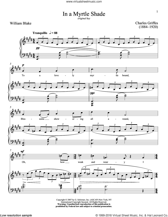 In A Myrtle Shade sheet music for voice and piano (High Voice) by William Blake, Richard Walters and Charles Griffes, classical score, intermediate skill level