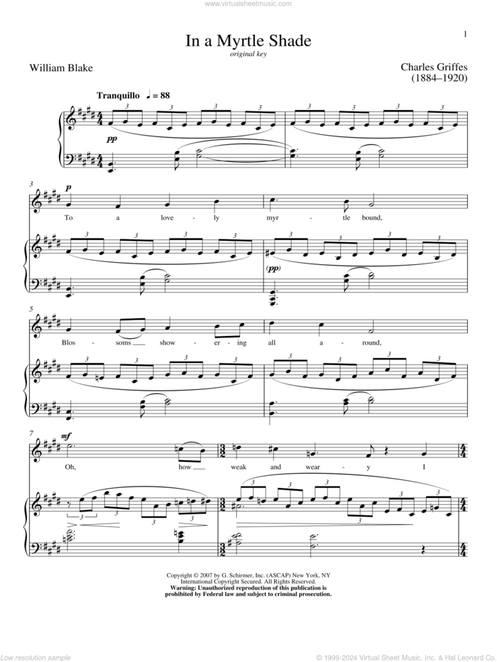 In A Myrtle Shade sheet music for voice and piano (High Voice) by William Blake, Richard Walters and Charles Griffes, classical score, intermediate skill level