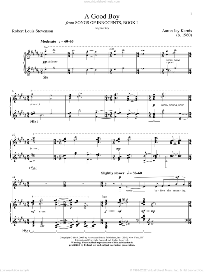 A Good Boy sheet music for voice and piano (High Voice) by Robert Louis Stevenson, Richard Walters and Aaron Jay Kernis, classical score, intermediate skill level