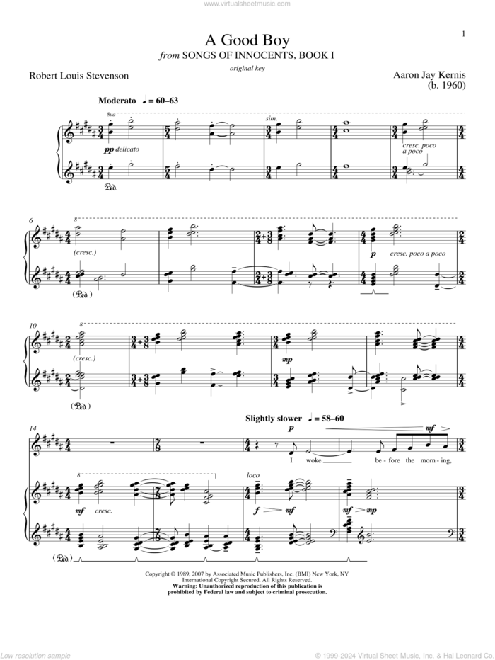 A Good Boy sheet music for voice and piano (High Voice) by Robert Louis Stevenson, Richard Walters and Aaron Jay Kernis, classical score, intermediate skill level