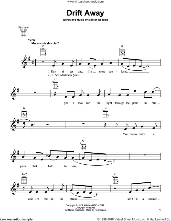 Drift Away sheet music for ukulele by Uncle Kracker featuring Dobie Gray, Dobie Gray and Mentor Williams, intermediate skill level