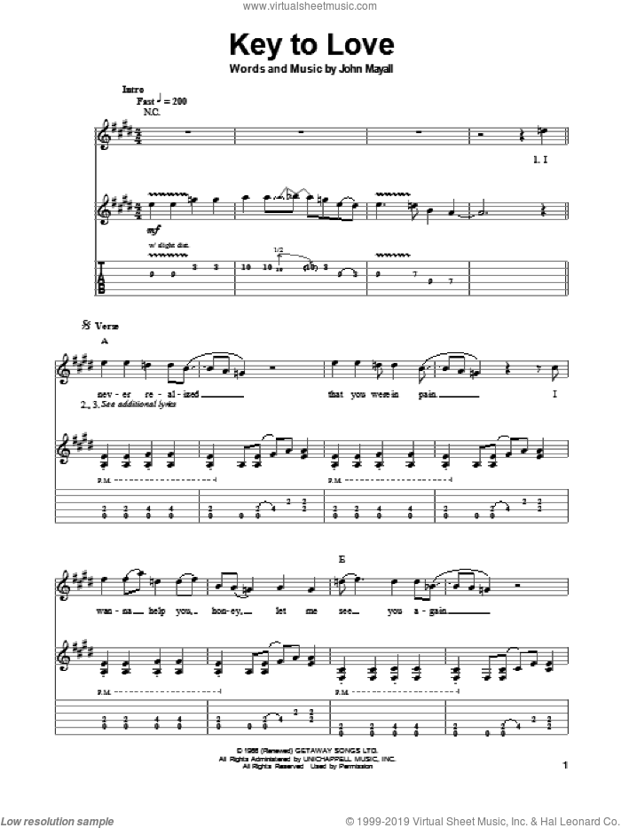 Key To Love sheet music for guitar (tablature, play-along) by John Mayall's Bluesbreakers, Blues Breakers, Eric Clapton and John Mayall, intermediate skill level