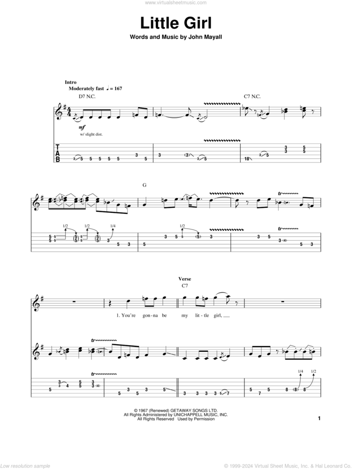 Little Girl sheet music for guitar (tablature, play-along) by John Mayall & The Bluesbreakers, Blues Breakers, Eric Clapton and John Mayall, intermediate skill level