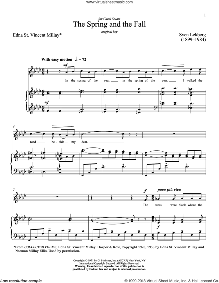The Spring And The Fall sheet music for voice and piano (High Voice) by Richard Walters, Edna St. Vincent Millay and Sven Lekberg, classical score, intermediate skill level