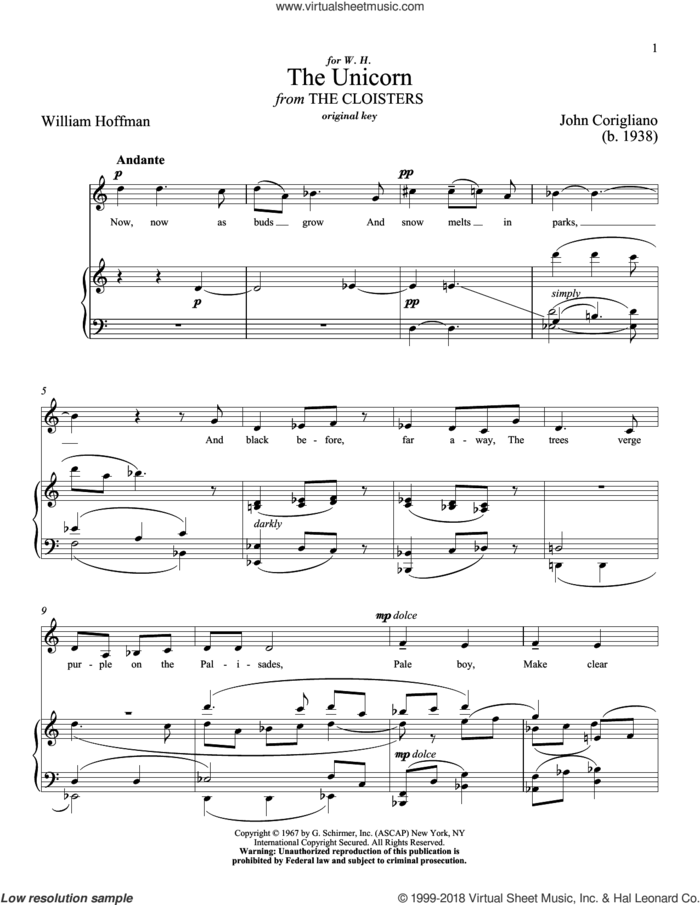 The Unicorn sheet music for voice and piano (High Voice) by John Corigliano, Richard Walters and William Hoffman, classical score, intermediate skill level