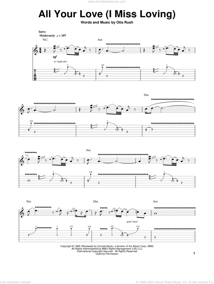 All Your Love (I Miss Loving) sheet music for guitar (tablature, play-along) by John Mayall's Bluesbreakers, Blues Breakers, Eric Clapton, John Mayall and Otis Rush, intermediate skill level