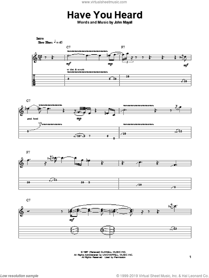 Have You Heard sheet music for guitar (tablature, play-along) by John Mayall's Bluesbreakers, Blues Breakers, Eric Clapton and John Mayall, intermediate skill level