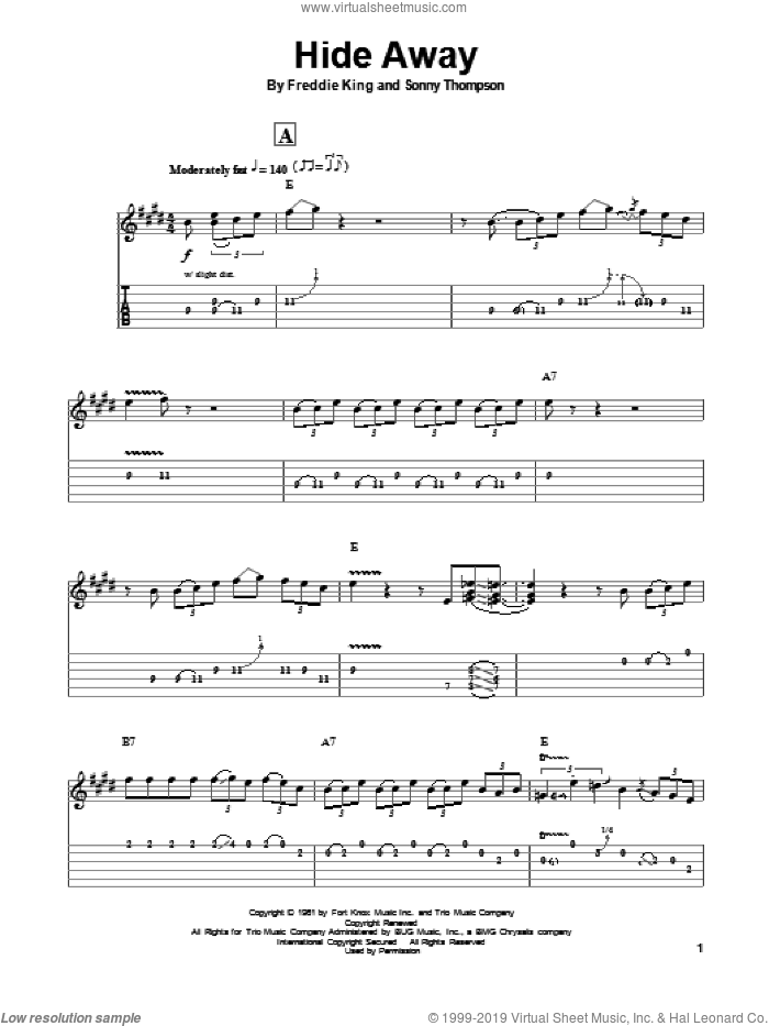Hide Away sheet music for guitar (tablature, play-along) by John Mayall's Bluesbreakers, Blues Breakers, Bluesbreakers, Eric Clapton, John Mayall, Freddie King and Sonny Thompson, intermediate skill level
