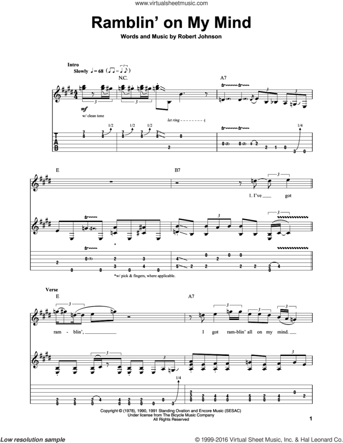 Ramblin' On My Mind sheet music for guitar (tablature, play-along) by John Mayall's Bluesbreakers, Blues Breakers, Eric Clapton, John Mayall and Robert Johnson, intermediate skill level