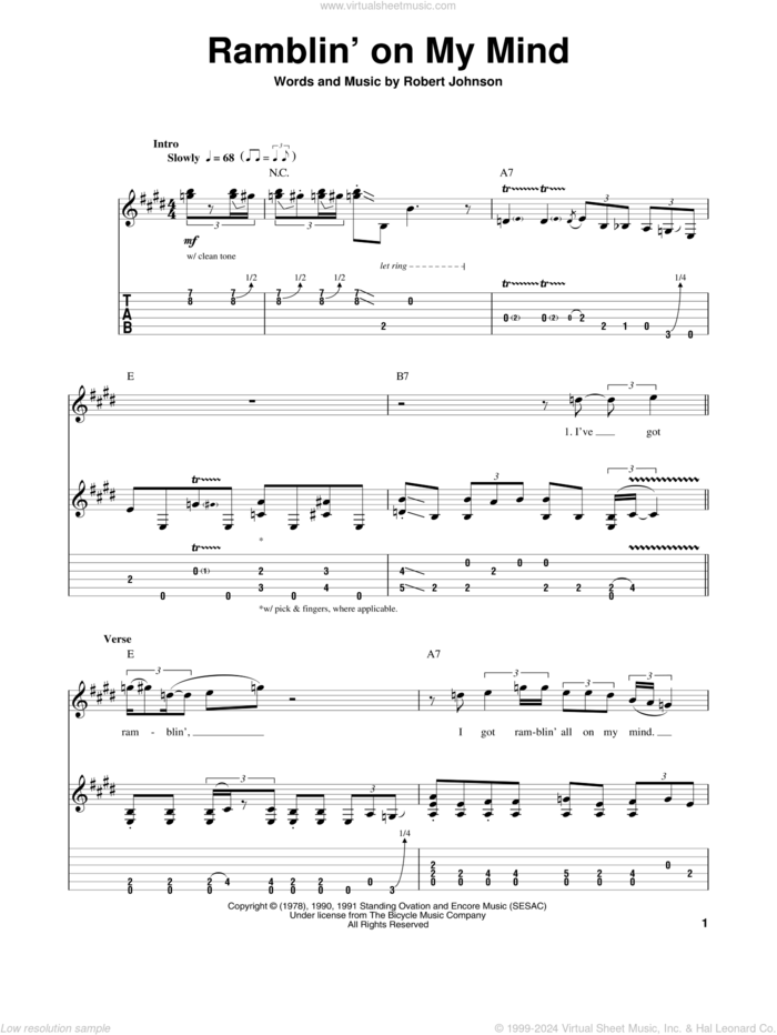 Ramblin' On My Mind sheet music for guitar (tablature, play-along) by John Mayall & The Bluesbreakers, Blues Breakers, Eric Clapton, John Mayall and Robert Johnson, intermediate skill level