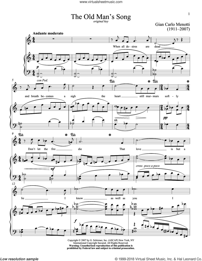 The Old Man's Song sheet music for voice and piano (High Voice) by Richard Walters and Gian Carlo Menotti, classical score, intermediate skill level