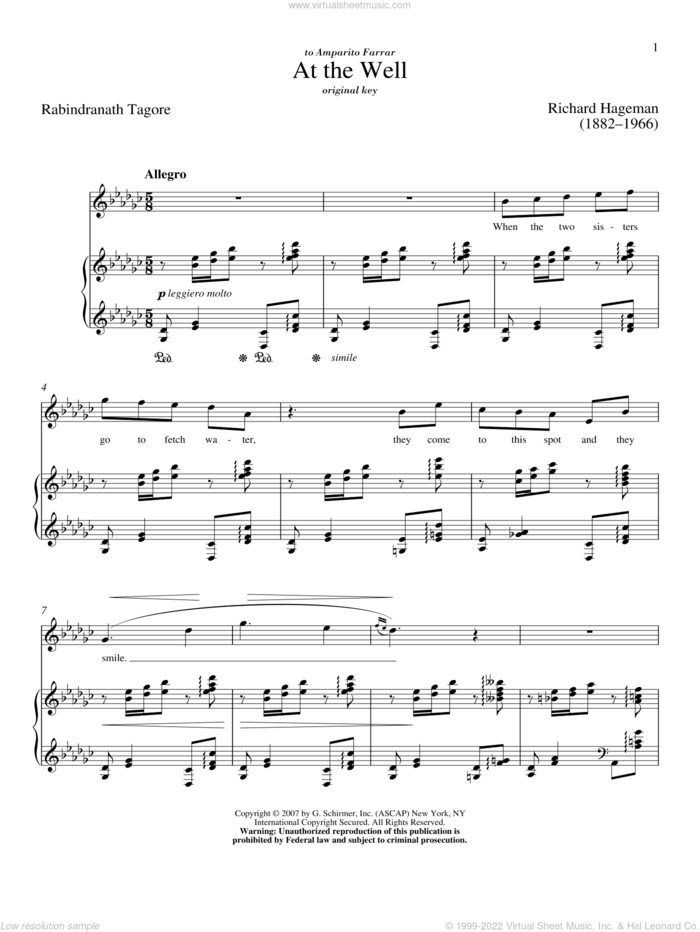 At The Well sheet music for voice and piano (High Voice) by Richard Hageman, Richard Walters and Rabindranath Tagore, classical score, intermediate skill level