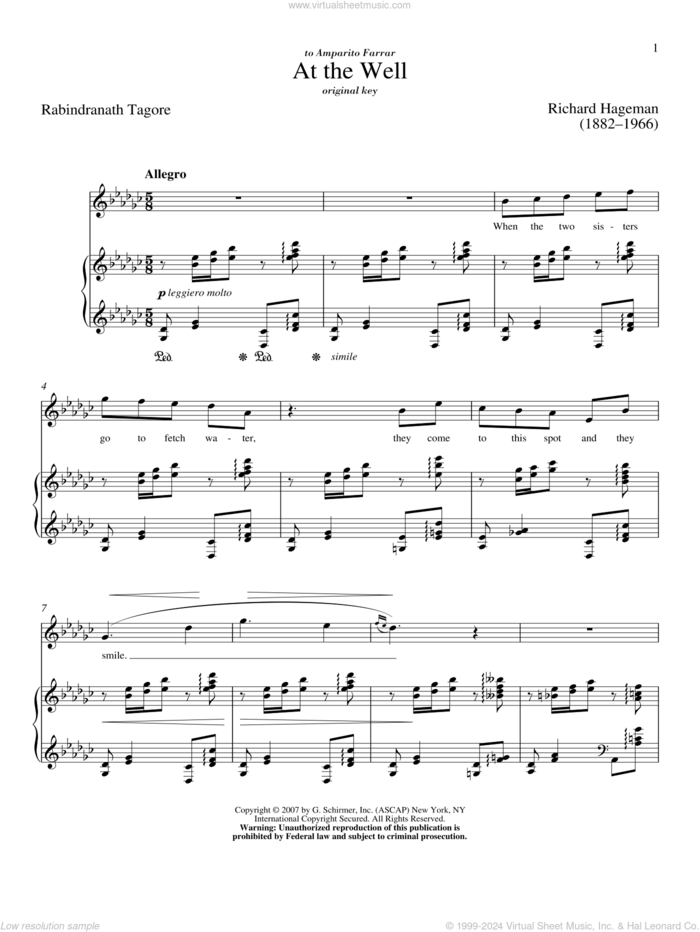 At The Well sheet music for voice and piano (High Voice) by Richard Hageman, Richard Walters and Rabindranath Tagore, classical score, intermediate skill level