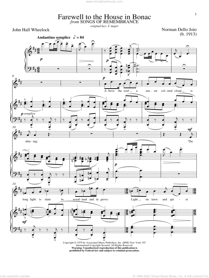 Farewell To The House In Bonac sheet music for voice and piano (High Voice) by Norman Dello Joio, Richard Walters and John Hall Wheelock, classical score, intermediate skill level