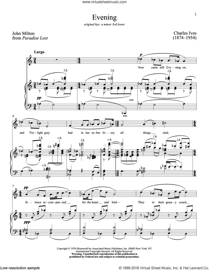Evening sheet music for voice and piano (High Voice) by John Milton, Charles Ives and Richard Walters, classical score, intermediate skill level