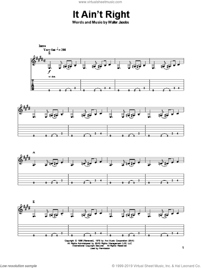 It Ain't Right sheet music for guitar (tablature, play-along) by John Mayall's Bluesbreakers, Blues Breakers, Eric Clapton, John Mayall and Walter Jacobs, intermediate skill level
