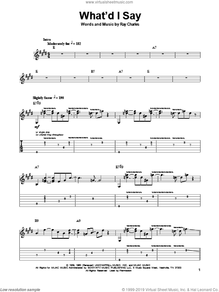 What'd I Say sheet music for guitar (tablature, play-along) by John Mayall's Bluesbreakers, Blues Breakers, Elvis Presley, Eric Clapton, John Mayall and Ray Charles, intermediate skill level