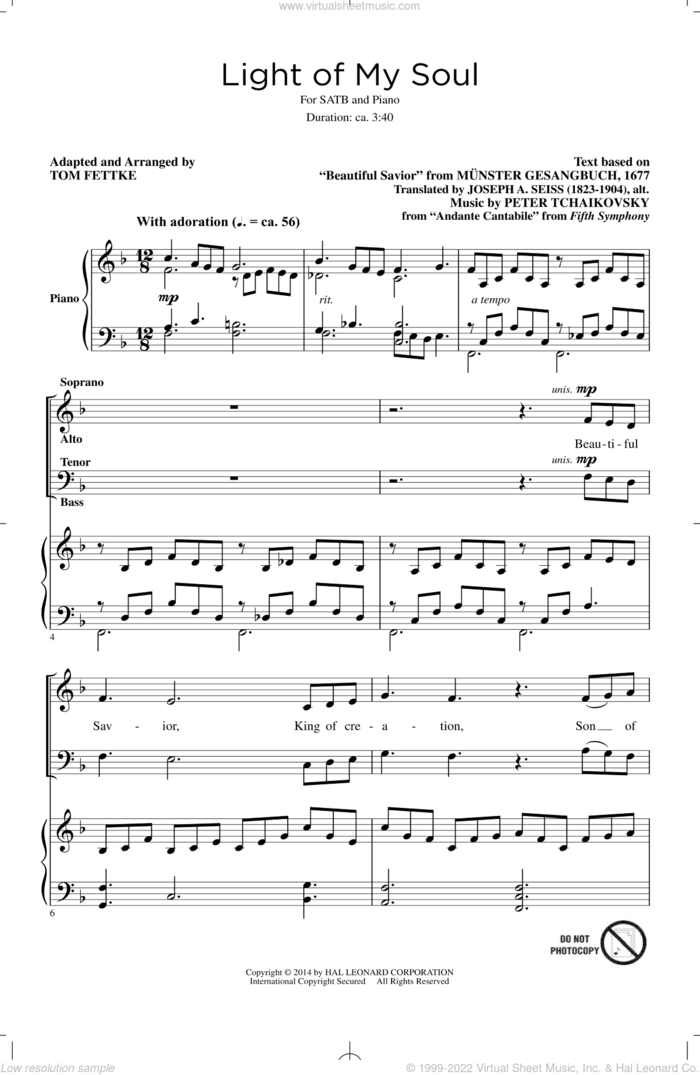 Light Of My Soul sheet music for choir (SATB: soprano, alto, tenor, bass) by Pyotr Ilyich Tchaikovsky and Tom Fettke, classical score, intermediate skill level