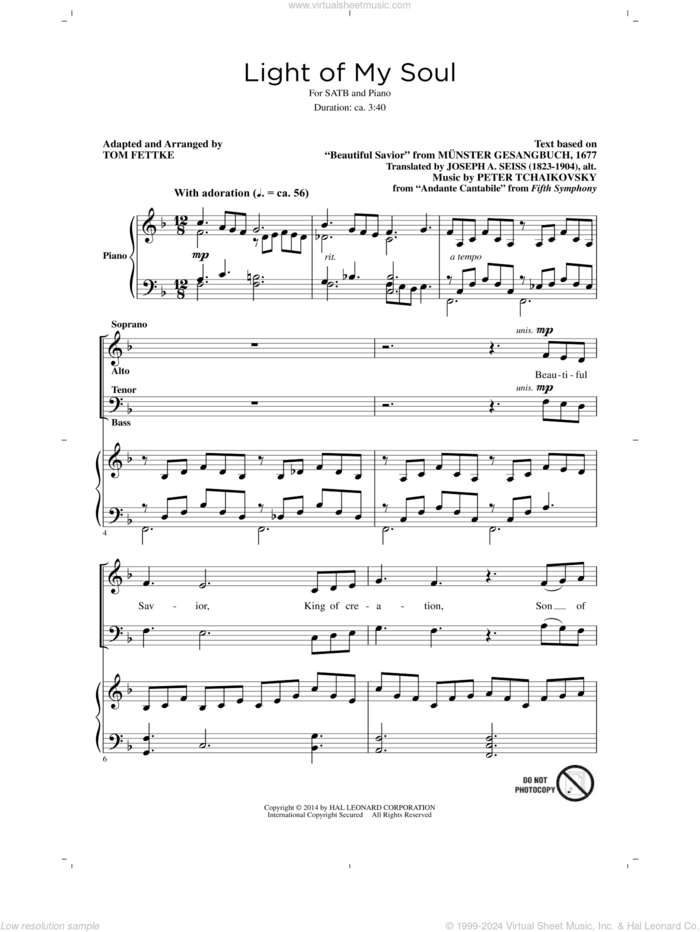 Light Of My Soul sheet music for choir (SATB: soprano, alto, tenor, bass) by Pyotr Ilyich Tchaikovsky and Tom Fettke, classical score, intermediate skill level