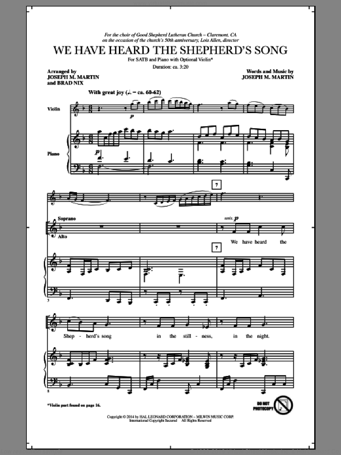 We Have Heard The Shepherd's Song sheet music for choir (SATB: soprano, alto, tenor, bass) by Joseph M. Martin and Brad Nix, intermediate skill level