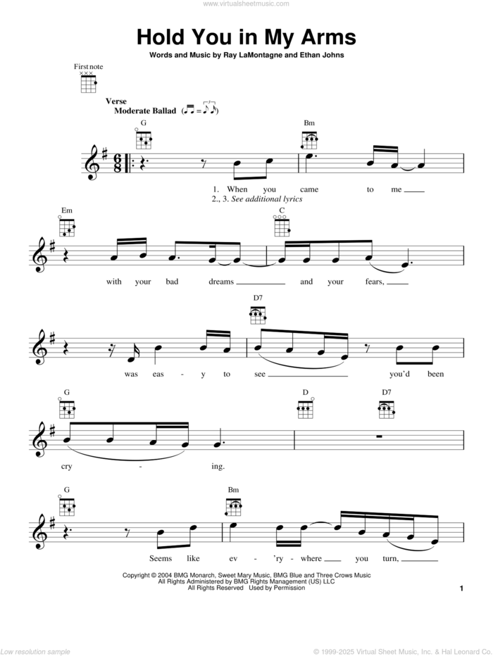 Hold You In My Arms sheet music for ukulele by Ray LaMontagne and Ethan Johns, intermediate skill level