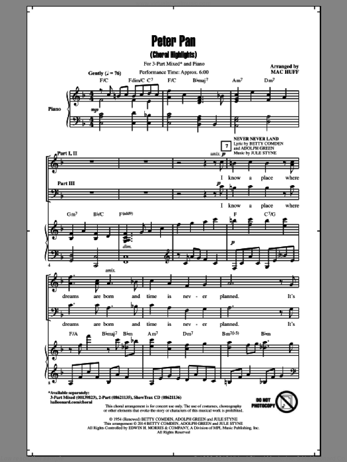 I Won't Grow Up sheet music for choir (3-Part Mixed) by Carolyn Leigh, Mac Huff and Mark Charlap, intermediate skill level