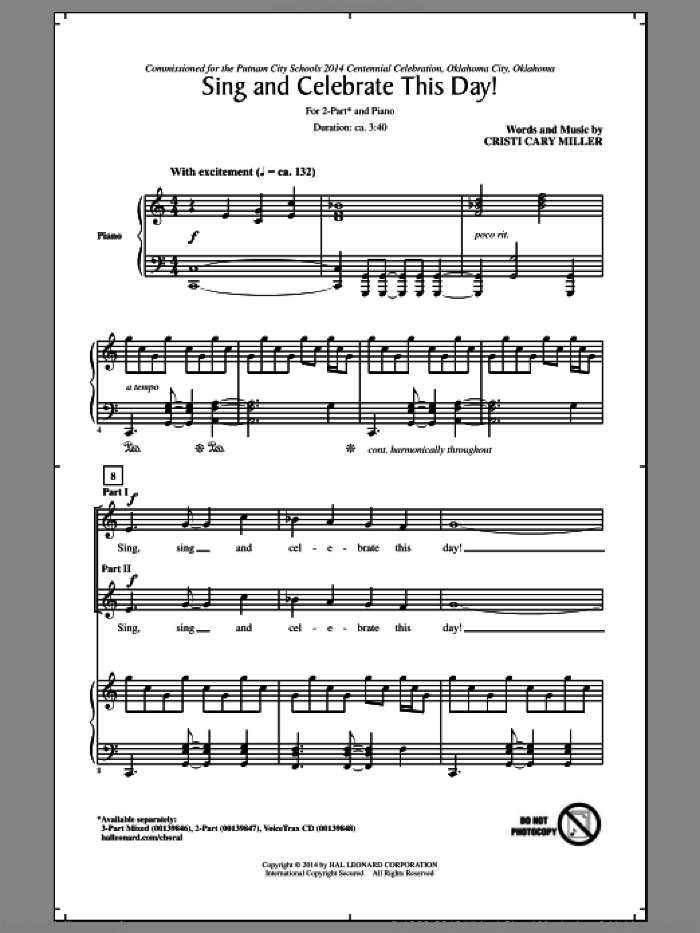 Sing And Celebrate This Day! sheet music for choir (2-Part) by Cristi Cary Miller, intermediate duet