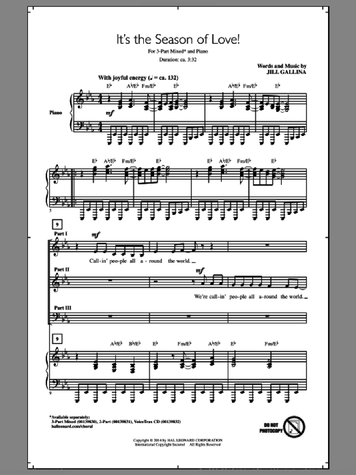 It's The Season Of Love! sheet music for choir (3-Part Mixed) by Jill Gallina, intermediate skill level