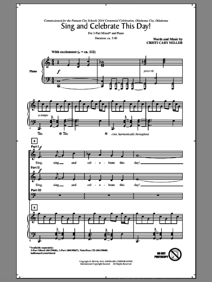 Sing And Celebrate This Day! sheet music for choir (3-Part Mixed) by Cristi Cary Miller, intermediate skill level