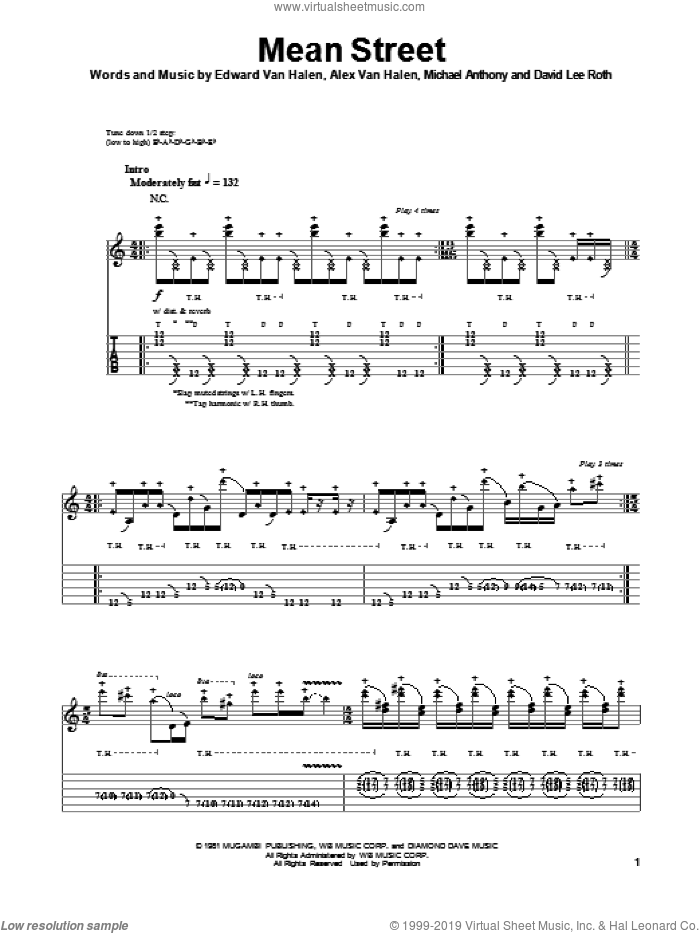 Mean Street sheet music for guitar (tablature, play-along) by Edward Van Halen, Alex Van Halen, David Lee Roth and Michael Anthony, intermediate skill level