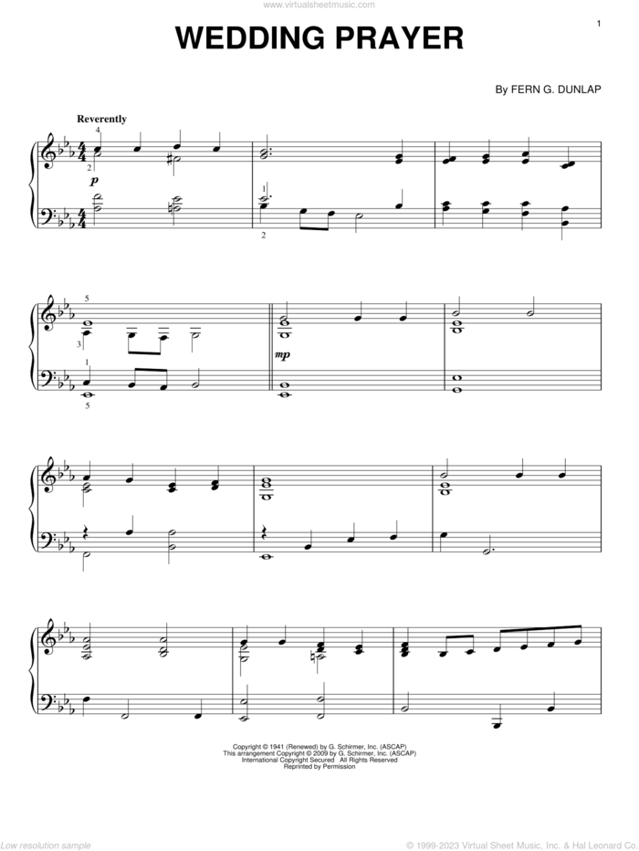Wedding Prayer sheet music for piano solo by John Waller and Fern G. Dunlap, wedding score, intermediate skill level