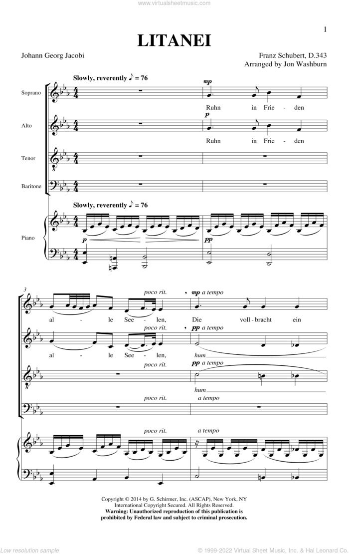 Litanei sheet music for choir (SATB: soprano, alto, tenor, bass) by Franz Schubert and Jon Washburn, intermediate skill level